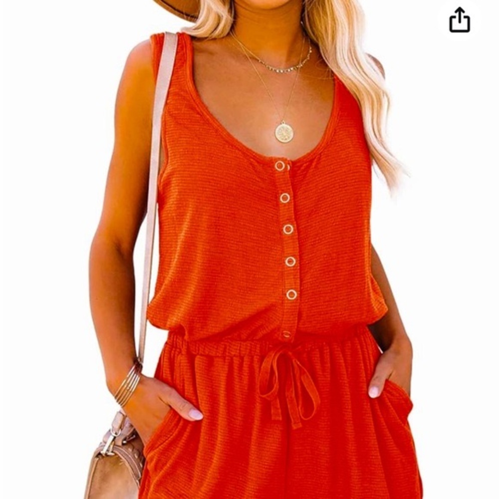 🧡 Bright Red-Orange, Button-Down, Sleeveless   Romper ♥️